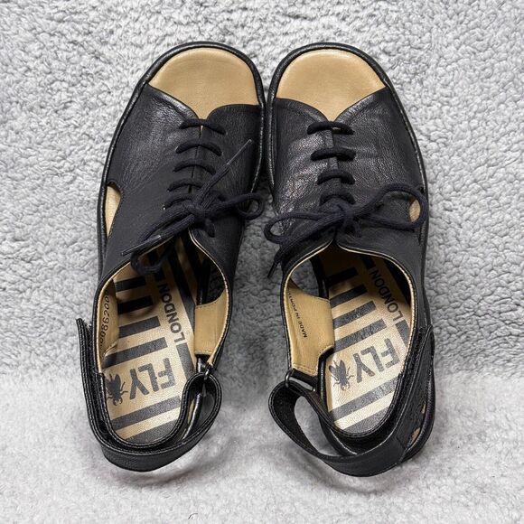 Fly London Jart862Fly Womens Size 37 US 6-6.5 Wedge Sandals Shoes Black Leather - Picture 5 of 10